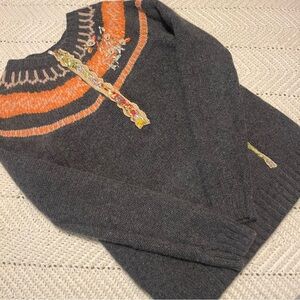 Free People Grey orange wool blend fair isle embroidered appliqué sweater